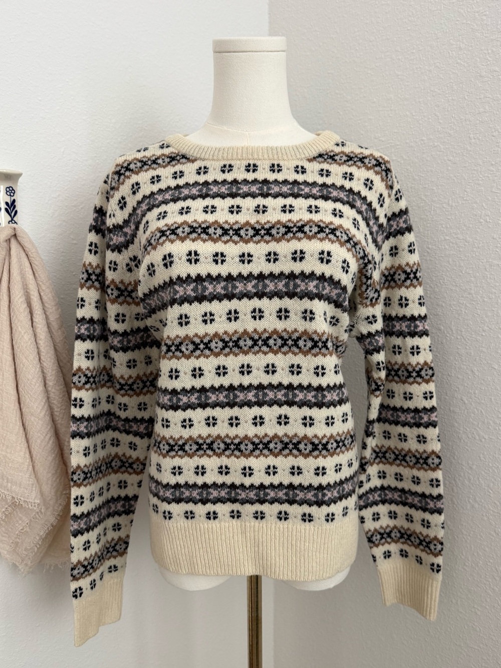 J.Crew 100% Lambswool Fair Isle Nordic Crewneck Sweater XL Cream